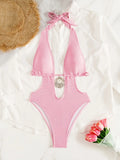 Sexy Pink Swimwear Women 2026 Metal Circle Hollow Out Backless Thong Bikini Beach Bathing Suit Holiday Pleate One Piece Swimsuit