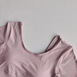 Women's Quick-Dry Yoga Sports Top with Chest Cushion Sexy Short-Sleeved Fitness T-Shirt Tight-Fitting Navel Revealing Yoga Suit