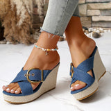 Denim Cross Stap Wedge Heeled Sandals Women Summer Peep Toe Chunky Heel Slippers Woman Plus Size 43 Slip On Platform Sandles