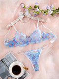 Women's Transparent Blue Butterfly Lace Sexy Lingerie Set Gathered Push Up Bra Daily Comfortable Close Fitting Lingerie set