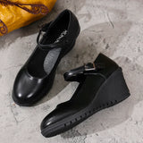 2026 New Ankle Buckle Wedges Heel Pumps Women Black Pu Leather High Heels Mary Jane Shoes Woman Plus Size 42 Office Pumps Ladies