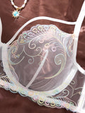 White Iridescent Peacock Feather Embroidered Lace Bra and Panty Set Women Sexy Sheer Mesh Underwear Two Piece