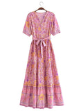 Foridol Single Breasted Bohemian Holiday Summer Women Dress Belt Casual Loose Maxi Floral Dress Short Sleeve Long Viscose Dress