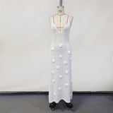 Elegant 3d Flower Knitted Dresses For Women V-neck Backless Sleeveless Lace Up Female Maxi Dress Summer Lady Beach Dress V6211