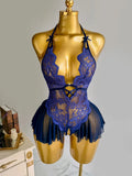 Elegant Lace Halter Neck Teddy Bodysuit With Bow Detail And Ruffled Hem Sexy Women's Lingerie