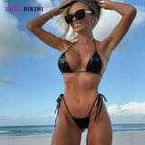 DEKA Mini PU black Micro Bikini Set Triangle Swimwear Women Shiny Thong Swimsuit Swim Wear Halter Two Peice Beachwear