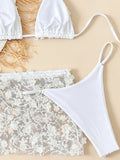 Sexy Shiny Sequin Blue White Bikini Set Women 3D Mesh Flower Cover Up 3 Piece Thong Swimsuit Beach Holiday Bathing Suit Swimwear