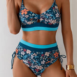 Vintage Blue Floral Print Bikini Women Hollow Out Push Up Drawstring Side High Waist Swimsuit 2026 Beach Bathing Suit Swimwear