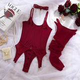 Toucheart Erotic Bodysuit Sexy Hot Tight Plunge Seductive Women's Intimate Flirt Romantic Garter Four-piece Set with Stockings