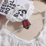 Toucheart Sexy Lingerie Suit for Women Lace Mesh See-through Lace Up Top Plaid Pleated Skirt Halter Women's Underwear Set New