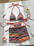 Sexy Red Striped Knitted Bikini Set 2026 Women Patchwork Push Up Bra Thong Swimsuit Beach Bathing Suit Cover Up 3 Piece Swimwear