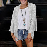 Open Front Jacket Women Sequin Coat Long Sleeve Solid Color Spring Autumn Mid-length Cardigan