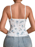Women Ribbed Floral Cami Top Sleeveless Spaghetti Strap Tank Top Summer Slim Fit Comfy Casual Lace neckline Camisole