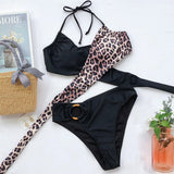 Sexy Mid Waist Splicing Leopard Bikini Female Swimsuit Women Swimwear Two-Pieces Bikini Set Bather Bathing Suit Swim Lady V2148