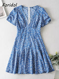 Foridol Blue Floral Print Summer Beach Dress Women Casual Holiday Short Sleeve Dress Boho Sundress Vestidos Fashion Clothes