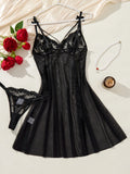 Black floral embroidery net gauze nightgown set - French deep V strapless sheer sexy pajama thong set ZA825066