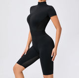 Women's One-Piece Suit Zipper Short Sleeve Gym Push Up Workout Clothes Fitness Short Bodysuit Sportswear Jumpsuits