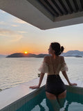 Sexy Off Shoulder Flounce One Piece Swimsuit Lady  Monokini Half Sleeve Swimwear Women Swim Bath Suit
