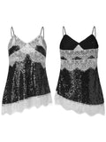 Women Camisoles Solid Color Lace Trim Sequins Spaghetti Strap Tank Tops Summer Fashion Sleeveless Vests Streetwear