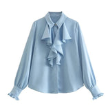 Foridol Ruffles Folds Light Blue Office Lady Satin Shirt Blouse Long Sleeve Spring Fashion Solid Button Up Blusa Autumn 2025