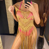 3 Colors Hollow Out Fringe Tassel Knitted Crochet Tunic Beach Cover Up Cover-ups Beach Dress Beach Wear Beachwear Female V3847