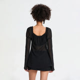 Spring Summer Women Solid Color Split Tie Front Tops See Through Frill Trim Square Neck Long Puff Sleeve Mesh Shirts