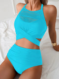 Sexy Black Mesh Patchwork Bikini Set 2026 Women Hanging Neck Bandage Cross High Waist Swimsuit Beach Bathing Suit Swimwear