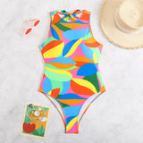 2026 Color Block Swimsuit One Piece Backless Printed Swimwear Women Bathers Bathing Swimming Swim Suit Padded Beachwear Summer