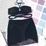 Wrap Around with Mesh Sarong Skirt Bikini Female Swimsuit Women Swimwear Three-pieces Bikini Set Beachwear Bathing Suit Swim