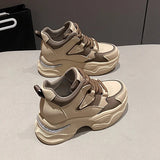 Chunky Platform Women Sport Sneaker Lace-Up Thick Bottom Vulcanize Shoes Woman Spring Autumn Pu Leather Breathable Running Shoes