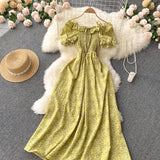 2025 Summer French Vintage Floral Dress Fashion Elegant High-Waisted Drawstring Vestidos Printed Fresh And Sweet Long Dresses