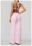 Summer 2 Piece Yoga Sets Women Tight Back Cross Sports Bra High Waist Peach Hip Wide Leg Pants Gym Running Fitness Workout Suits