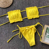 Sexy Pink Bandeau Frilled Bikini Swimsuit Female Swimwear Women Two-Pieces Bikini Set Bather Padded Bathing Suit Swim V1242B