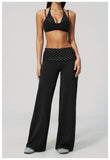 Fake Two-piece Sports Bra Yoga Sets Women Coffee Striped Patchwork Folding High Waist Wide Leg Pants Gym Running Fitness Suits