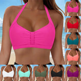 Womens Halter Neck Ruched Bikini Top Padded Push Up Swim Tops Adjustable Tie Back Bathing Suit Top Beach Pool Vacation Swimwear