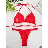 PU Pleated Ruched Bikinis Mini Micro Thong Bikini Women Swimwear Female Swimsuit Two-pieces Bikini Set Halter Bathing Suit Swim