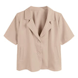Women Cropped Short Sleeve Blazer Jacket Lapel Collar Buttons Loose Solid Suit Coat Summer Casual Office Outerwear With Pocket
