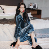 Pajamas gold velvet long sleeve lace cardigan set sexy home wear