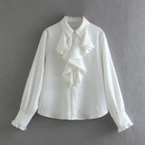 Foridol Ruffles Folds Light Blue Office Lady Satin Shirt Blouse Long Sleeve Spring Fashion Solid Button Up Blusa Autumn 2025