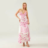 Women's Summer Floral Print Bohemian Long Dress Stylish Lace Patchwork Ruffled Trim Spaghetti Strap V Neck A-Line Dress