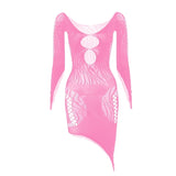 1 Piece Beach Cover Up without Bikini Summer's Hottest Mesh Swimsuit Women Summer Pool Swimwear Long Sleeves Hollow Out Dress