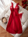 Sexy Lace Mesh Patchwork Front Open Pajamas Comfortable And Casual Long Women's Nightgown With Thongs Nightdress