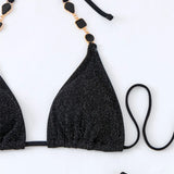 Sexy Black Shiny Swimwear Sarong String Halter Triangle Bikinis Sets 3 Pieces Rhinestone Swimsuit Women 2026 Bather Beachwear