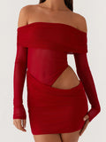 Women Mini Off Shoulder Slim Ruched Solid Color Party Club Dresses Cut Out Long Sleeve Backless Short Mesh Bodycon Dress