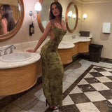 FDYOUI Sexy Elegant Chain Backless Green Floral Evening Dress for Women Sleeveless Bodycon Long Cocktail Dresses Party Club Gown