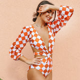 One Piece Swimsuit Sexy Long Sleeve Tropical Print Swimwear Women Bandage Monokini Hollow Out Bathing Suit String Beachwear 2023