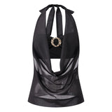 Summer Women Elegant 2 Piece Tops Mesh Sheer Halter Cowl Neck Sleeveless Vest with Buckle Tube Top Going Out Blouse Streetwear
