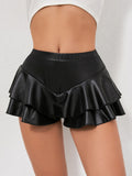 Women’s PU Leather Ruffle Shorts Elastic High Waist Skorts Summer Fashion Casual Loose Shorts Skirts Streetwear
