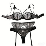 Black Thigh-High Stockings With Sexy Lace Single-Layer Thin Embroidered Lingerie Set, French-Style Pure Passion ZA825205