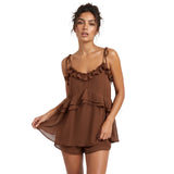 Women's Summer Solid Color Romper Dress Sleeveless Tie Spaghetti Strap Ruffle Jumpsuit Shorts Playsuit